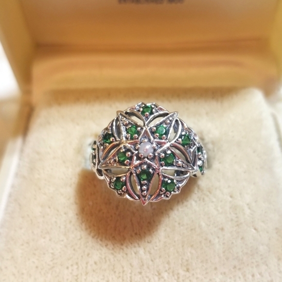 Art Deco Revival Chrome Diopside Seed Pearl Ring - Picture 8 of 8